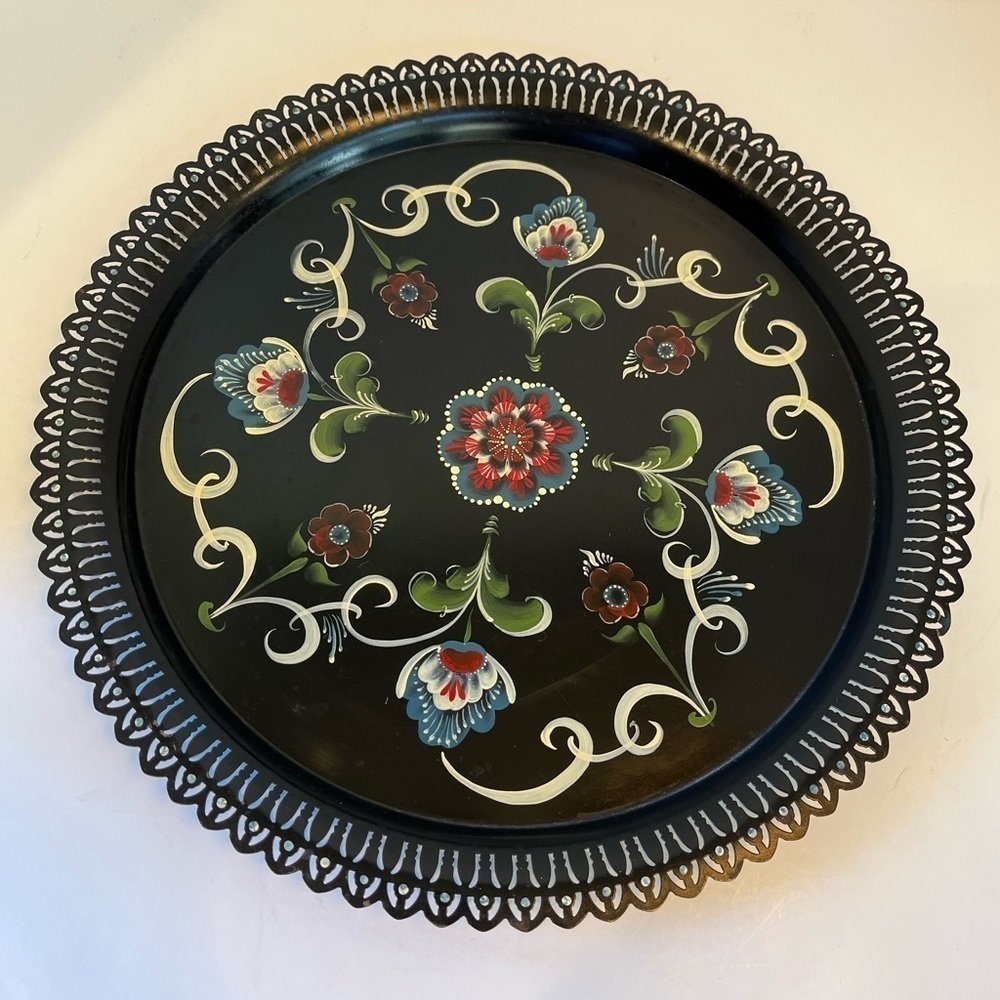 Vintage Métal Hand-painted Floral Tray